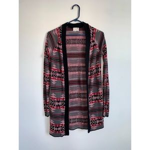 Burgundy Grey Tribal Pattern Long Sleeve Cardigan